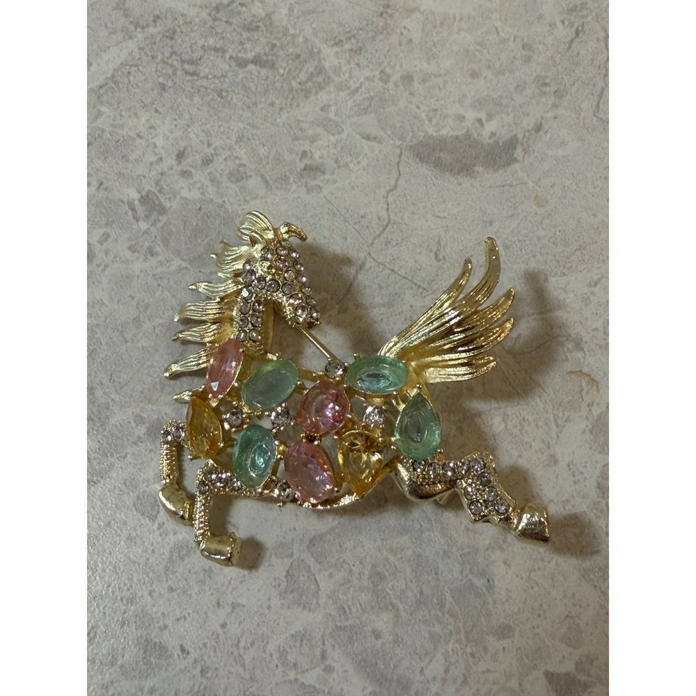 Vintage Gold Tone Pegasus Brooch Pastel Rhinestone Winged Horse Pin
